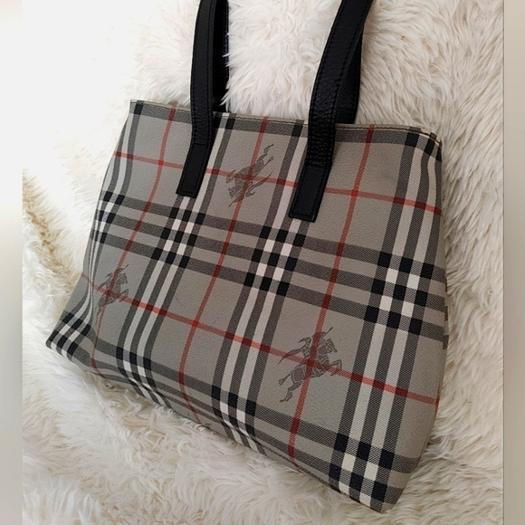 Burberrys Grey Multi Check Print Canvas Leather Bag - Picture 16 of 16